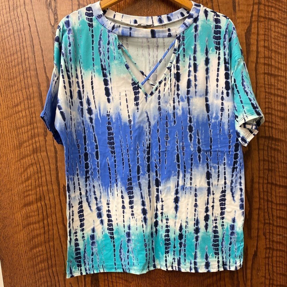 WHITE birch blue tie dye v neck cut out top